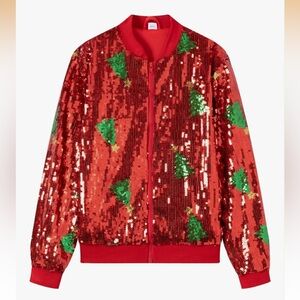 NEW Girls Sequin Bomber Jacket with Christmas trees and 2 pockets size 5-6year